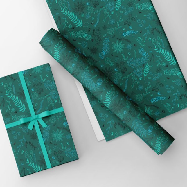 Feuille De Papier Cadeau Gribouillages floraux turquoise sur fond vert (Créateur téléchargé)