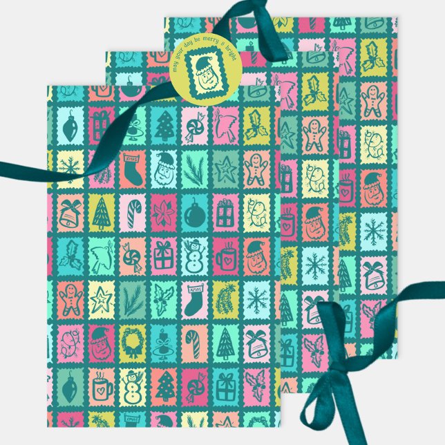Feuille De Papier Cadeau Grille de Noël Fantaisiste Vacances Mignonnes et L (Whimsical Christmas Grid Cute Bright Holiday Wrapping Paper Sheets
)