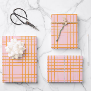 Feuille De Papier Cadeau Grille mignonne Lignes Motif Pastel rose et orange