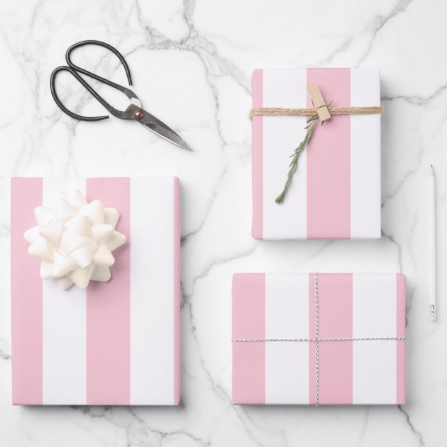 Feuille De Papier Cadeau Grilles Verticales Bébé Rose Et Blanc Gratté (Recto)