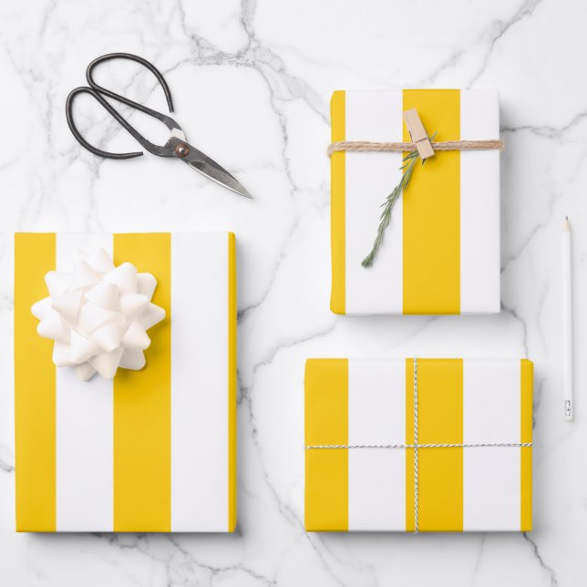 Feuille De Papier Cadeau Grilles Verticales Jaune Et Blanc Gratté (Recto)
