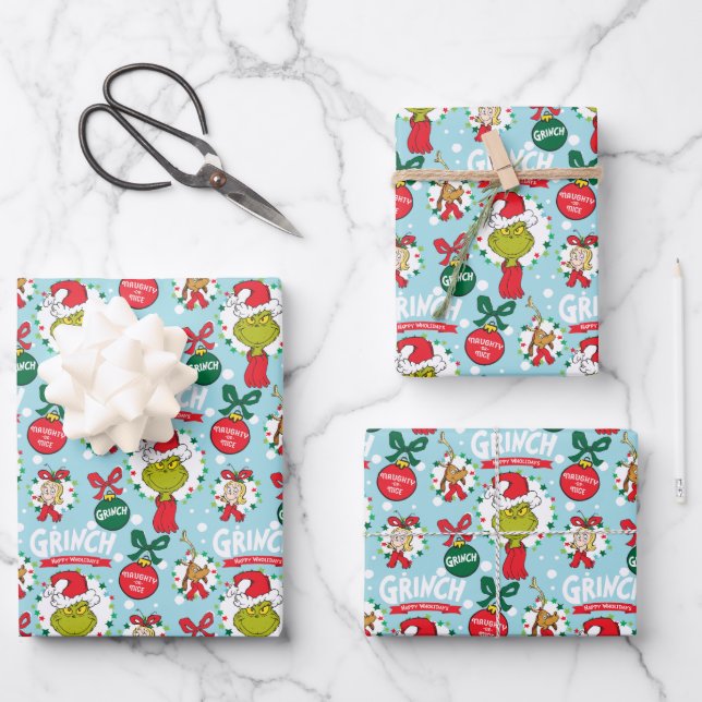 Feuille De Papier Cadeau Grinch Merry Grinchmas Motif bleu (Recto)