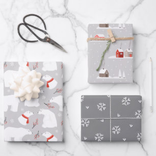 Feuille De Papier Cadeau Gris d'hiver, Ours polaire, Flammes de neige coord