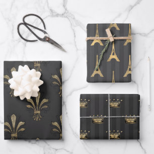 Feuille De Papier Cadeau Gris et or sur le thème de Paris