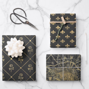 Feuille De Papier Cadeau Gris et or sur le thème de Paris