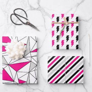 Feuille De Papier Cadeau Gris Géométrie rose Bandes Flash