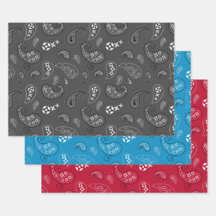 Feuille De Papier Cadeau Gris Rouge Bleu Paisley Bandana Assortiment