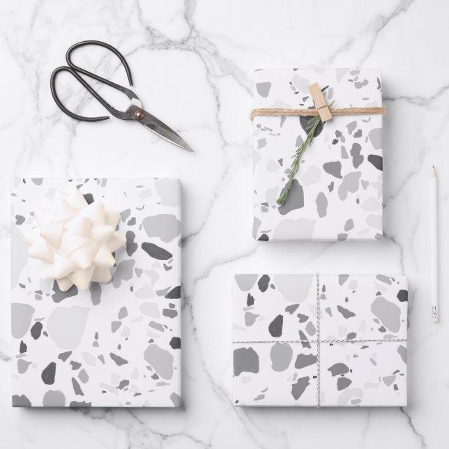 Feuille De Papier Cadeau Gris Terrazzo Motif artisanal (Recto)