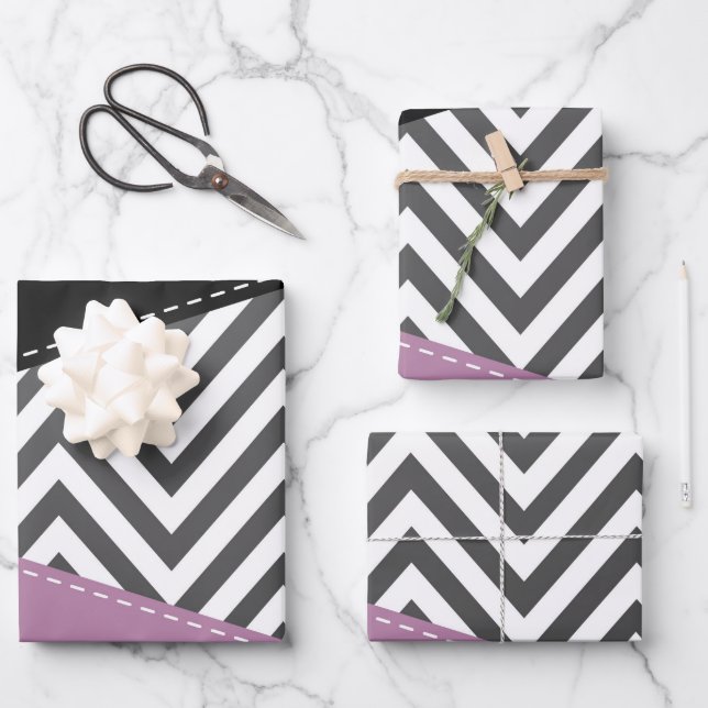 Feuille De Papier Cadeau Gris Zigzag, Gris Chevron, Motif Zigzag, Violet (Recto)
