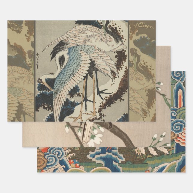 Feuille De Papier Cadeau Grues sur un pin couvert de neige Hokusai (Lot)