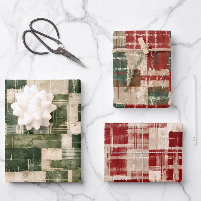 Feuille De Papier Cadeau Grunge de Noël Plaid (Recto)