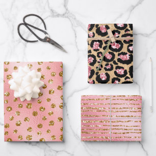 Feuille De Papier Cadeau Guépard Léopard Rose Or Pailleté Élégant 