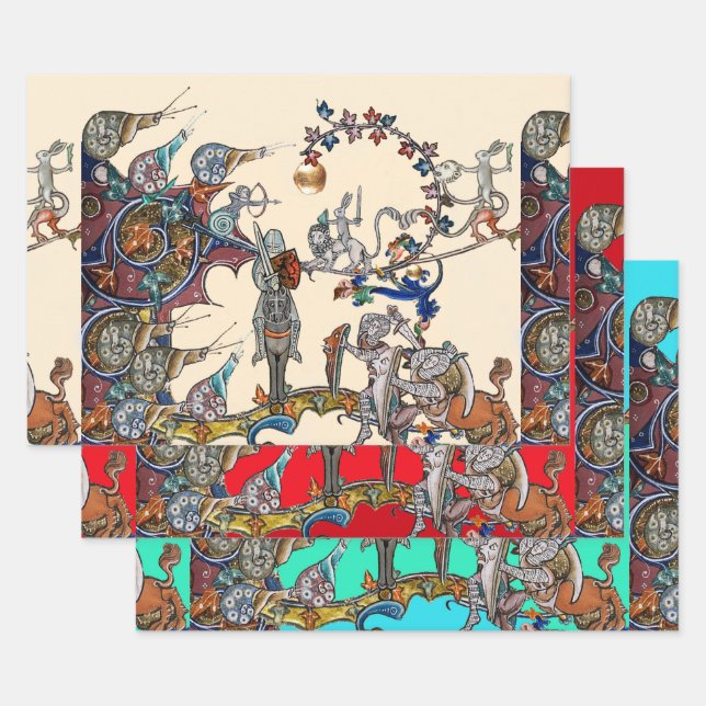 FEUILLE DE PAPIER CADEAU GUERRE BESTIAIRE MÉDIÉVALE, CHEVALIERS, ESPACES GÉ (Lot)