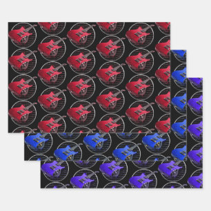 Feuille De Papier Cadeau Guitares électriques rouges bleues et violettes
