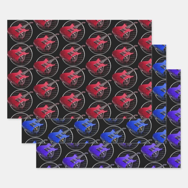 Feuille De Papier Cadeau Guitares électriques rouges bleues et violettes (Lot)