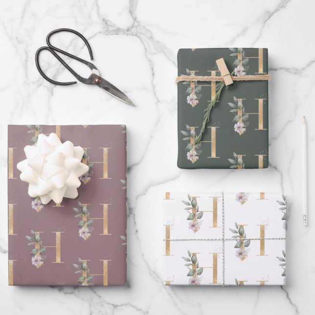 Feuille De Papier Cadeau H Monogramme Floral (Recto)