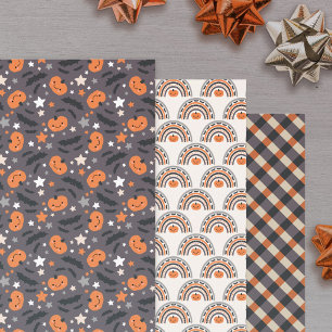 Feuille De Papier Cadeau Halloween Boho Rainbow Citrouilles et chauves- Mot