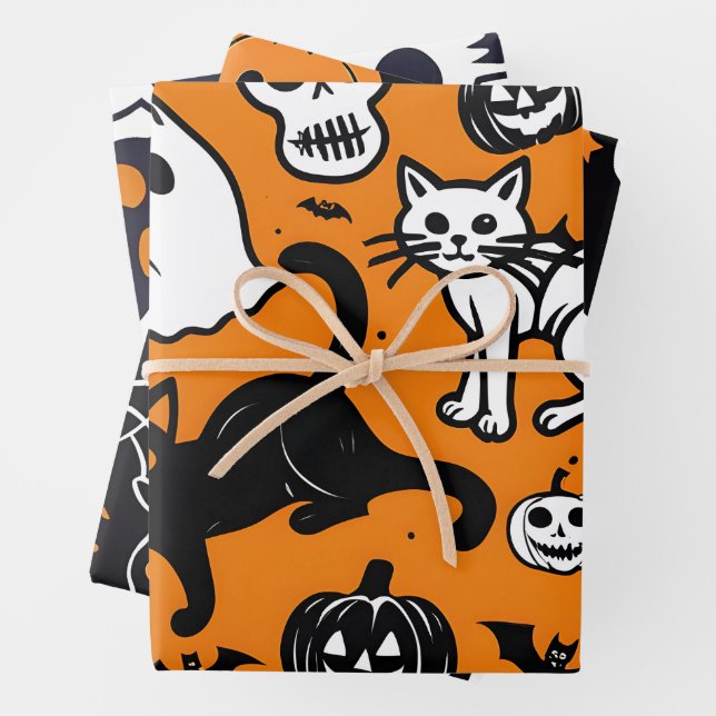 Feuille De Papier Cadeau Halloween Citrouille Ghost Black Cat Crâne de chat (En situation)