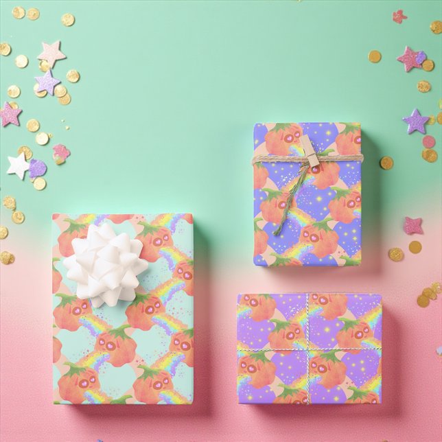 Feuille De Papier Cadeau Halloween Citrouille Rainbow Puking (Whimsical rainbow-spewing pumpkin gift wrap in pastel and purple for quirky celebrations.)