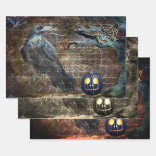 Feuille De Papier Cadeau Halloween Corbeau noir et Citrouille effroi