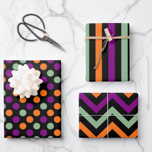 Feuille De Papier Cadeau Halloween couleurs Pois, rayures et Chevron (Recto)