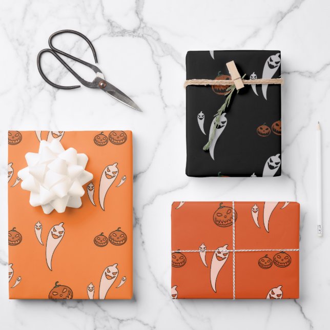 Feuille De Papier Cadeau Halloween Déplaisants Fantômes Citrouille orange e (Recto)