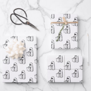 Feuille De Papier Cadeau Halloween, Fantôme Blanc Mignon, Friandise ou Farc