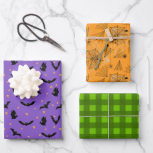 Feuille De Papier Cadeau Halloween Motif chauves-souris araignées web
