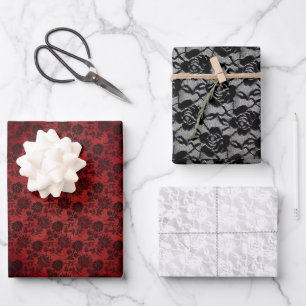 Feuille De Papier Cadeau Halloween noir Rose goth blanc dentelle rouge