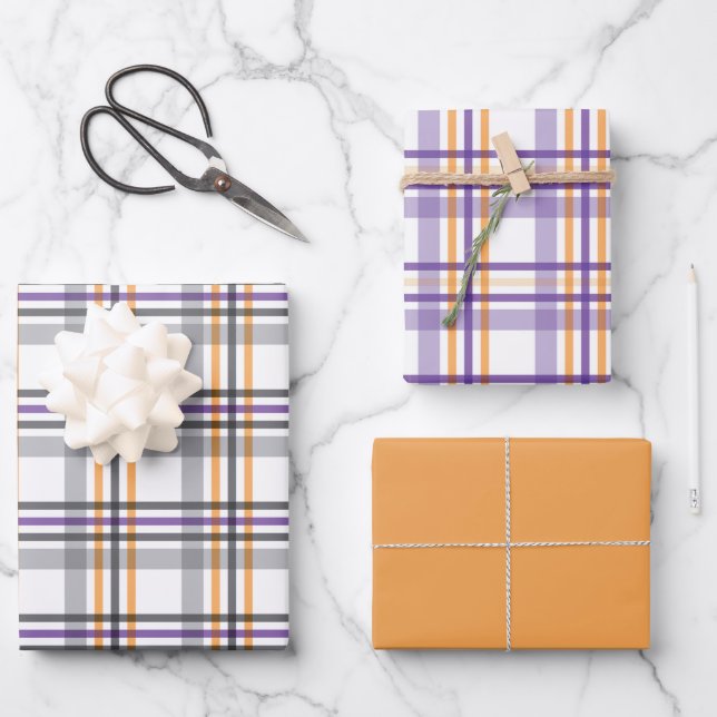 Feuille De Papier Cadeau Halloween noir violet orange rayé (Recto)