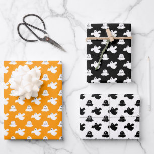 Feuille De Papier Cadeau Halloween Orange Et Fantôme Noir