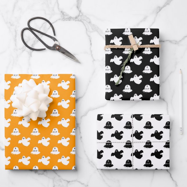 Feuille De Papier Cadeau Halloween Orange Et Fantôme Noir (Recto)