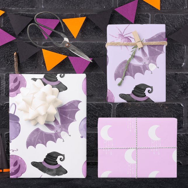 Feuille De Papier Cadeau Halloween Pink Purple Bat Witch Casquette Lantern  (Créateur téléchargé)