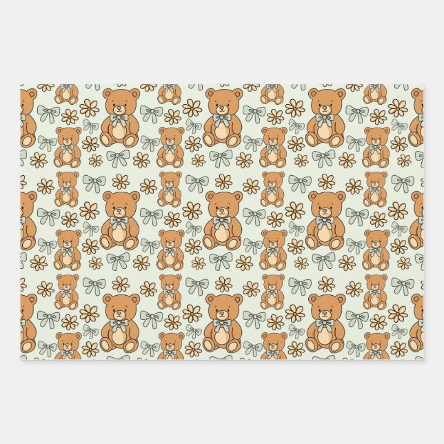 Feuille De Papier Cadeau Hand-Drawn Coquette Teddy Bears Seamless Pattern (Devant)