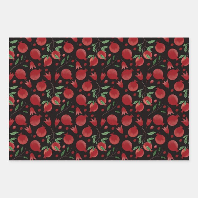 Feuille De Papier Cadeau Hand-drawn Pomegranate Fruits Seamless Pattern (Devant)