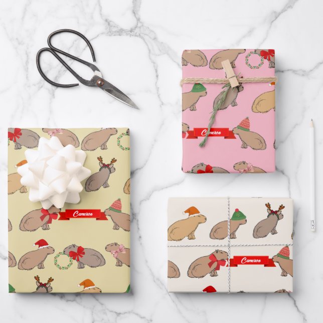 Feuille De Papier Cadeau Hand-Illustrated Capybara Cute Retro Christmas (Recto)