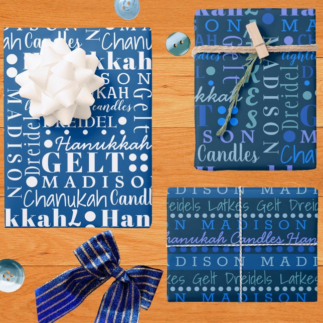 Feuille De Papier Cadeau Hanoukka Collage Bleu foncé Cute Ajouter Nom enfan (Créateur téléchargé)