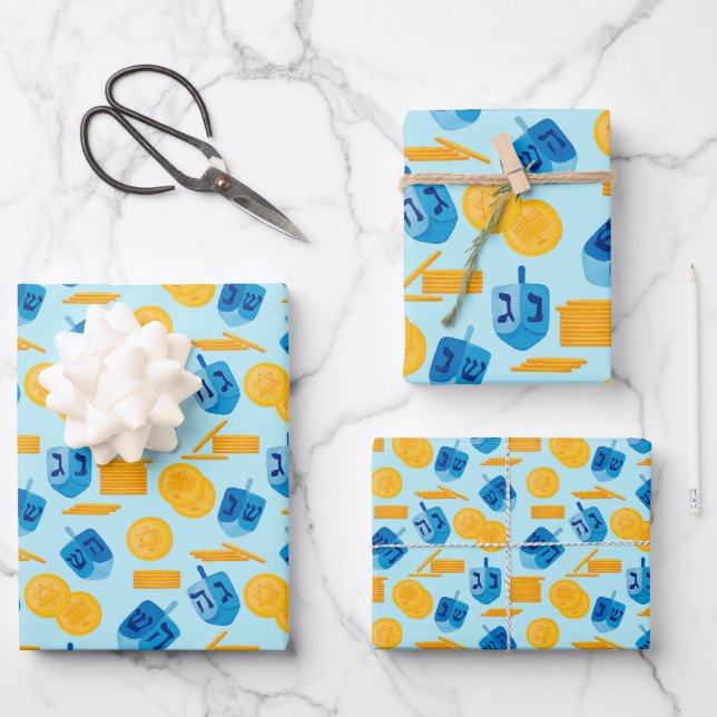 Feuille De Papier Cadeau Hanoukka Dreidel Game Gelt Bleu foncé (Recto)