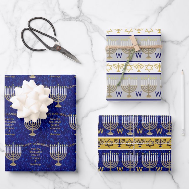 Feuille De Papier Cadeau Hanoukka Gold Menorah Monogramme Chic Assortion (Recto)