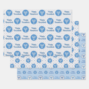 Feuille De Papier Cadeau Hanoukka Menorah Pois bleu et gris