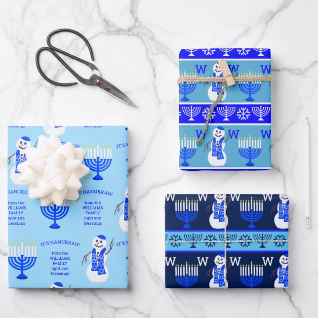 Feuille De Papier Cadeau Hanoukka Snowman Monogramme Holiday (Recto)