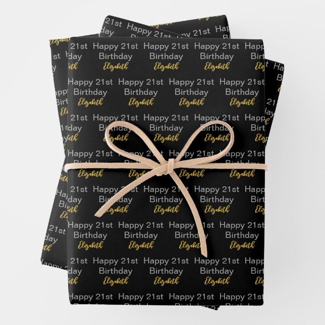 Feuille De Papier Cadeau Happy 21st Birthday Script Name Black White Gold (En situation)