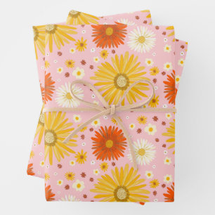 Feuille De Papier Cadeau Happy Daisies Colorful 1970 Motif rétro