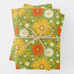 Feuille De Papier Cadeau Happy Daisies Retro les années 70 Motif coloré