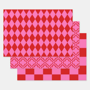 Feuille De Papier Cadeau Harlequin Marocain Damier DIY Couleurs Rouge Rose