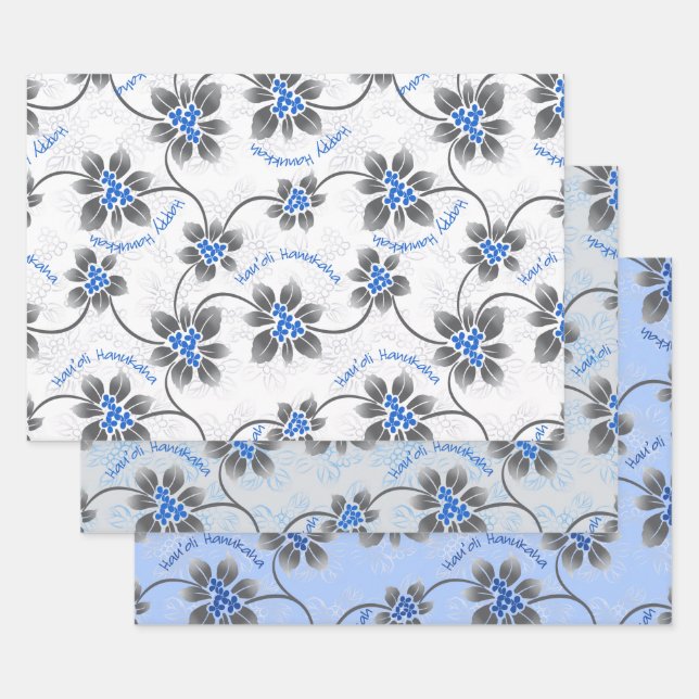 Feuille De Papier Cadeau Hawaï Holly Hanoukka Blue Floral Trio (Lot)