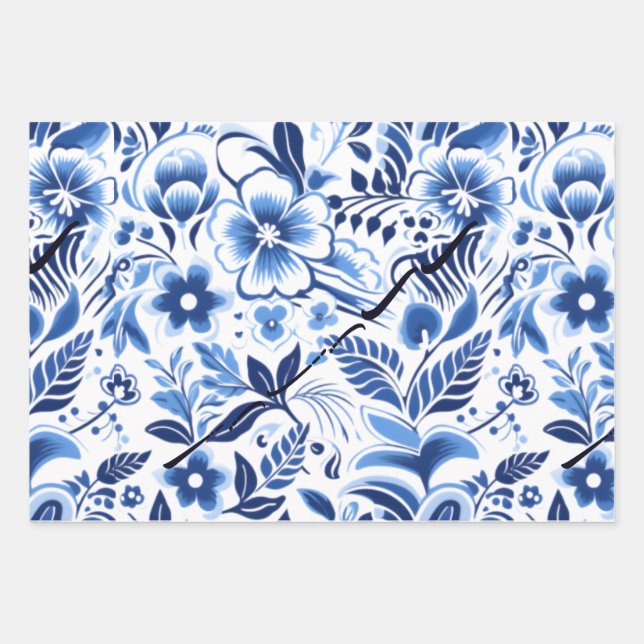Feuille De Papier Cadeau hawaïen de fleurs bleues (Devant)