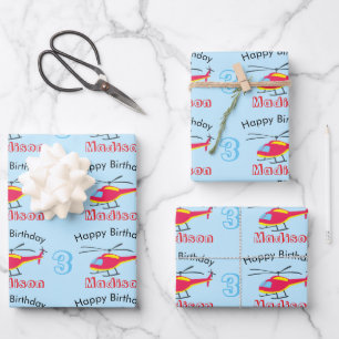 Feuille De Papier Cadeau Hélicoptère volant mignon Anniversaire Nom et âge