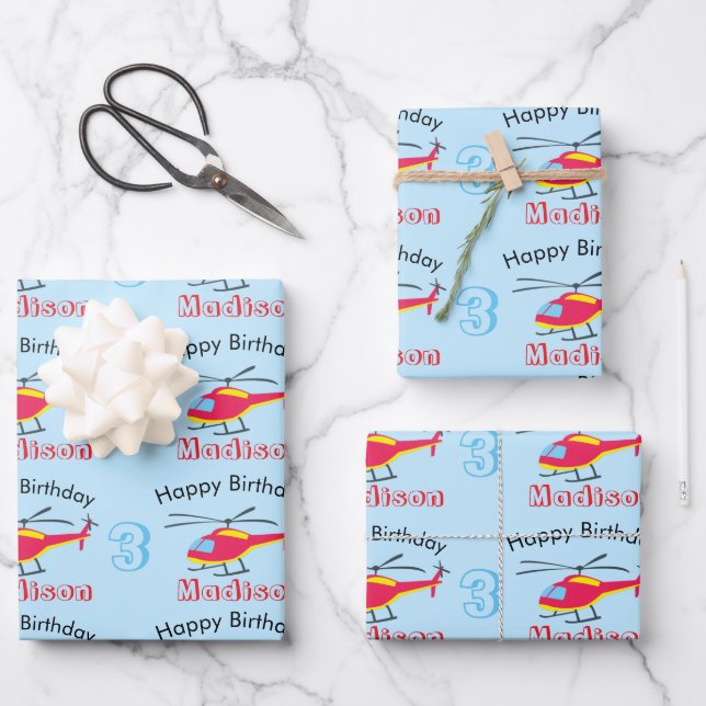 Feuille De Papier Cadeau Hélicoptère volant mignon Anniversaire Nom et âge (Recto)