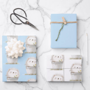 Feuille De Papier Cadeau Hérisson de jardin bleu avec anniversaire de fleur
